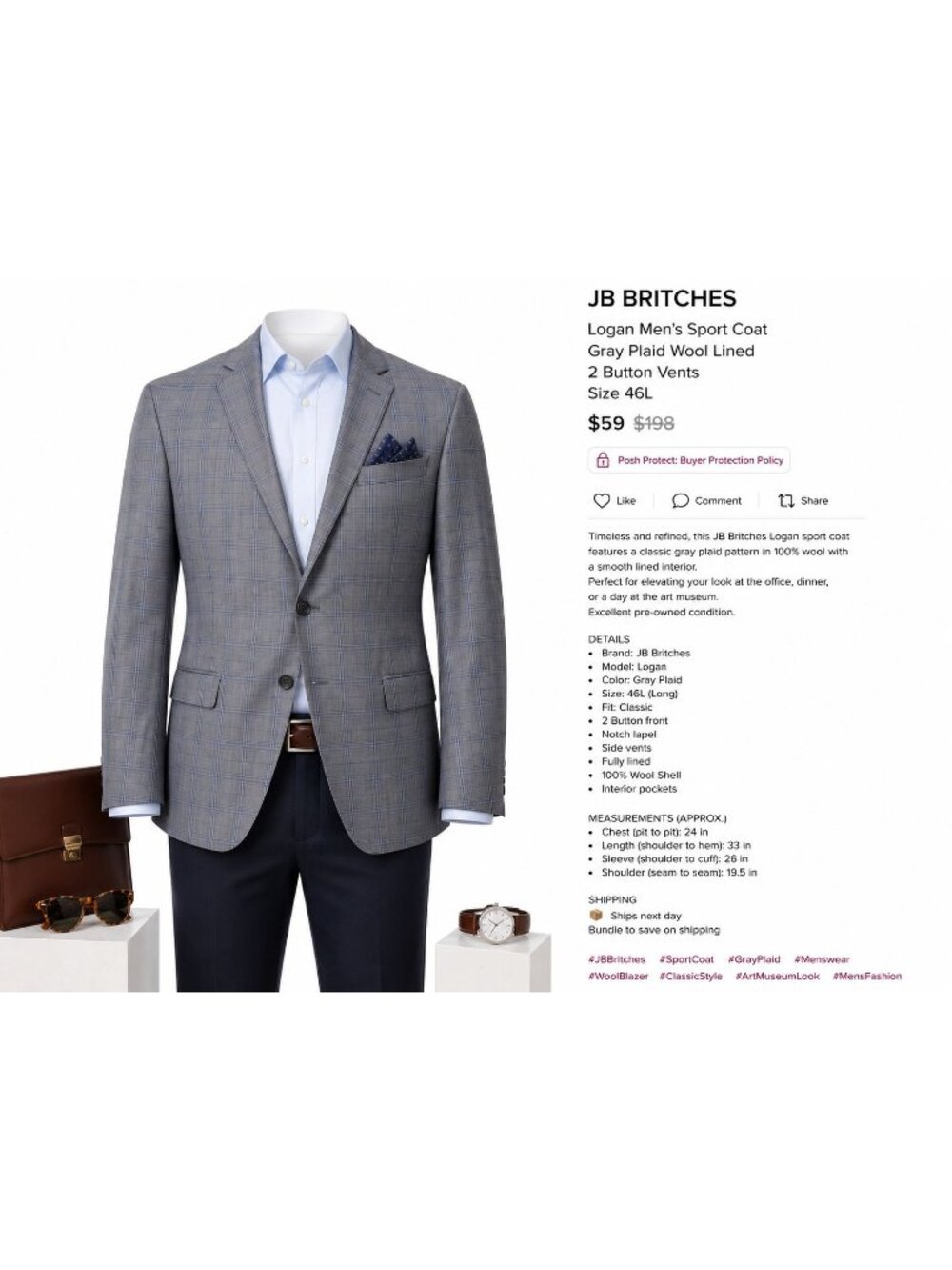 JB BRITCHES Logan Men's Sport Coat Gray Plaid Wool Lined 2 Button Vents Size 46L